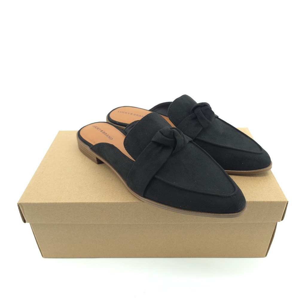 Lucky Brand Women Alusia Mule Loafer Faux Suede Black 9.5 Knot Pointed Toe